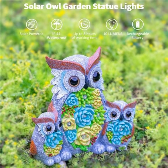 Owl Garden Outdoor Statue, Solar Figurine LED Lights, Succulent Plants - Picture 3 of 5